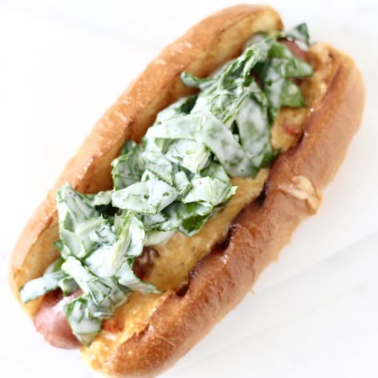 Pimento Cheese and Collard Hot Dog