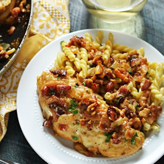 Smothered Bacon Asiago Wine Chicken