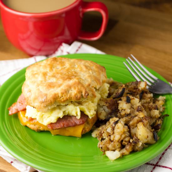 Ham Biscuit with Eggs and Cheese