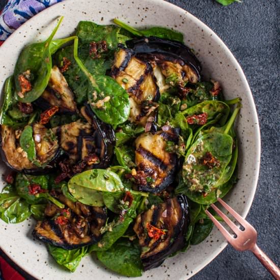 Grilled Eggplant and Spinach Salad