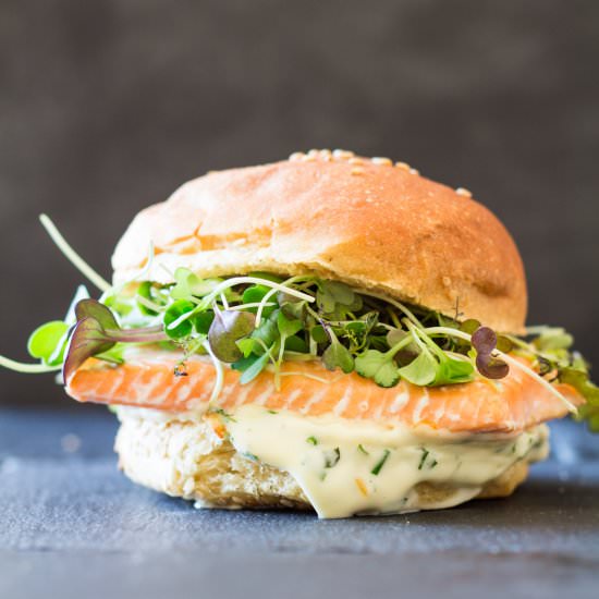 Salmon Burger with Garlic Herb Mayo