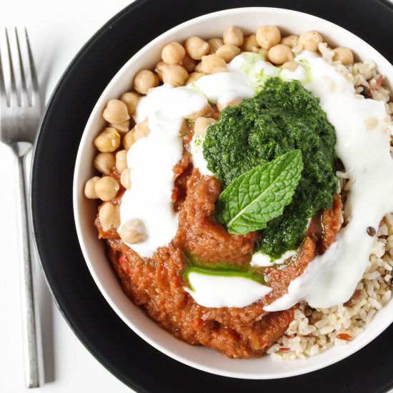 Eggplant Bowl with Cilantro Chutney
