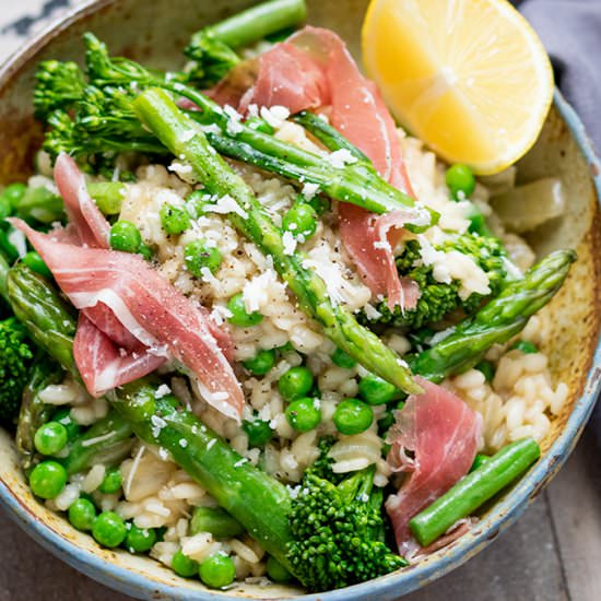 Spring veg risotto with proscuitto