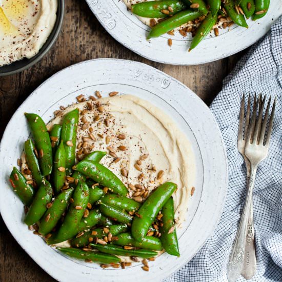 Harissa Snap Peas with Cashew Hummus