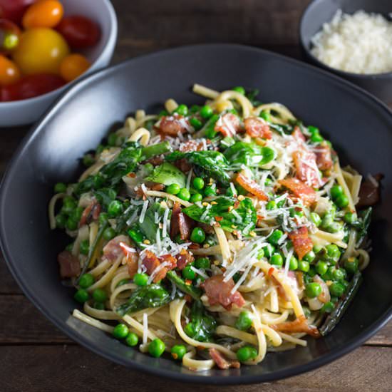 Pasta with Ramps, Peas, Pancetta