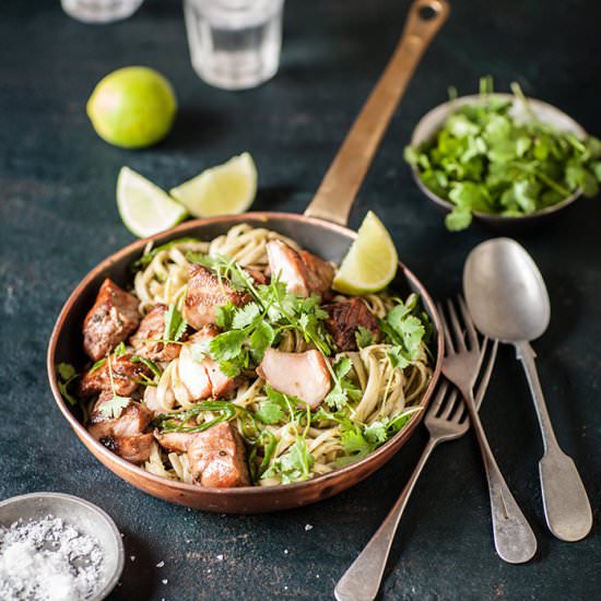 Salmon on cilantro pesto noodles