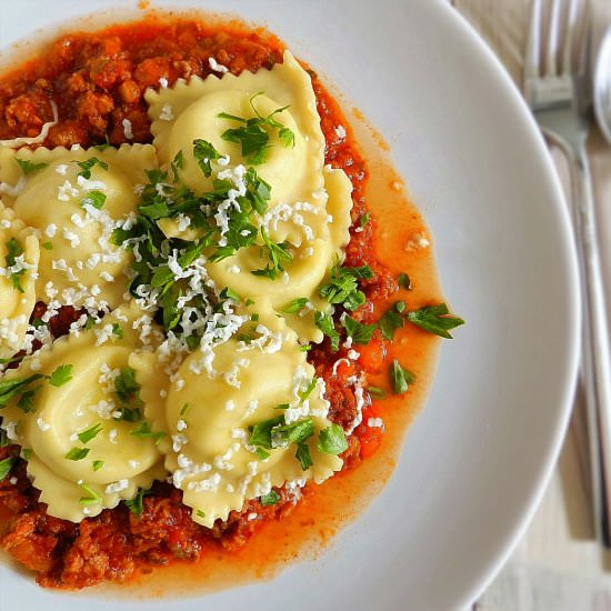 Ravioli with Spicy Ragu