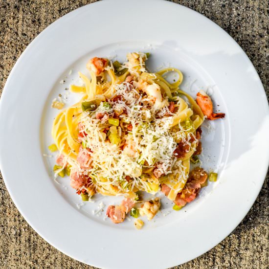 Green Tomato, Bacon, & Prawn Pasta