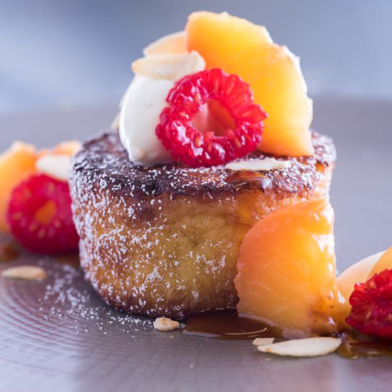 Poached peach and almond pain perdu