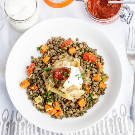 Lentils with Broiled Eggplant