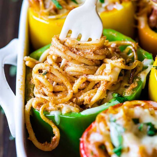 Cheesy Spaghetti Stuffed Peppers