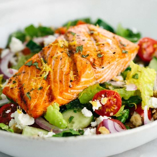Grilled Salmon Greek Salad