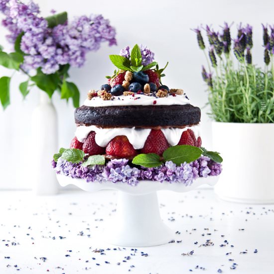 Carob layer-cake with strawberries