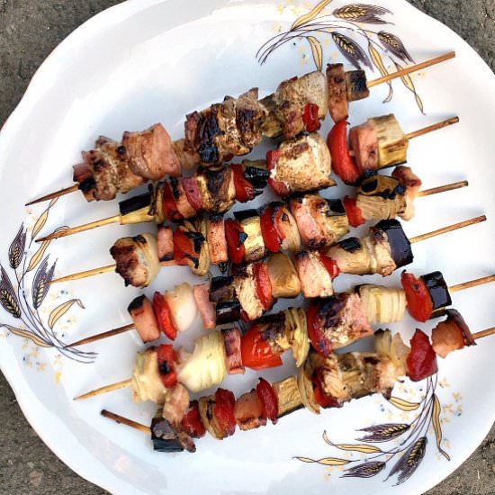 BBQ Chicken, Ham and Veggie Skewers