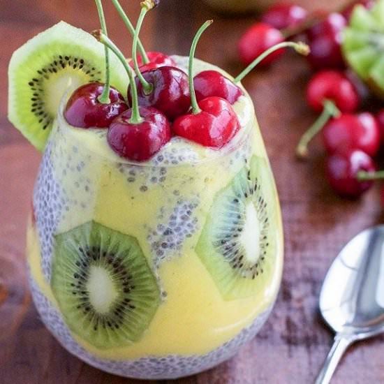 Kiwi, Mango, Cherry and Chia Seed Pudding