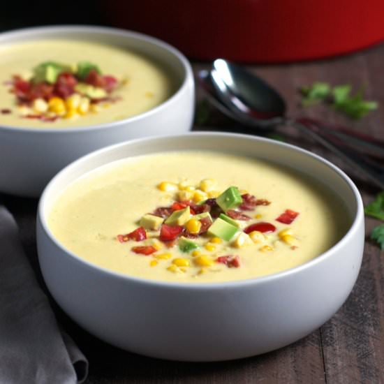 Corn Soup with Bacon and Avocado