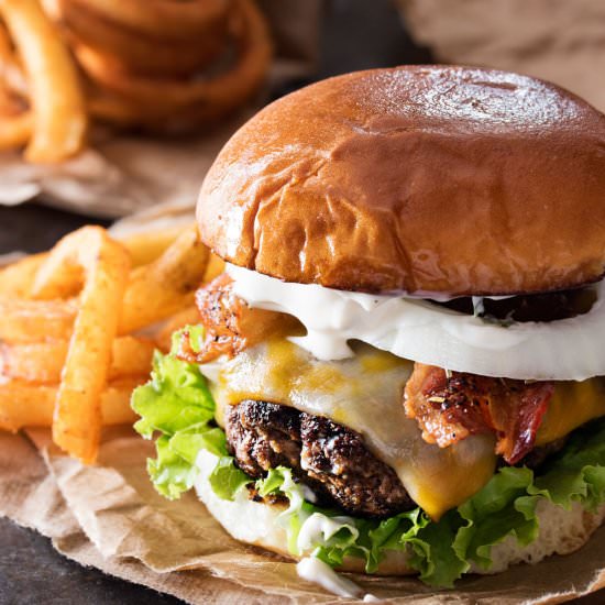Pepper Crusted Bacon Cheeseburgers