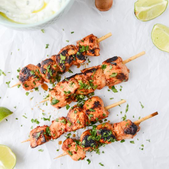 chicken skewers with yogurt dip