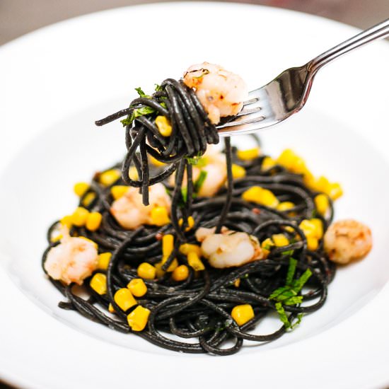 Squid Ink Pasta with Rock Shrimp