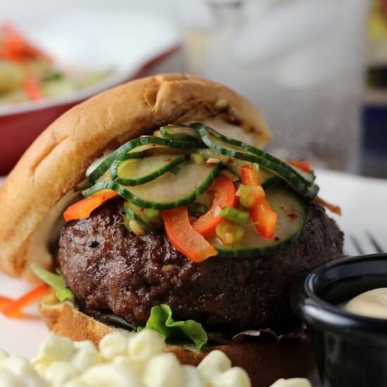 Korean BBQ Burgers w/ Kimchi Cukes