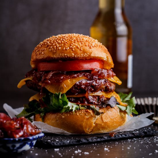 Bourbon-basted cheese burgers