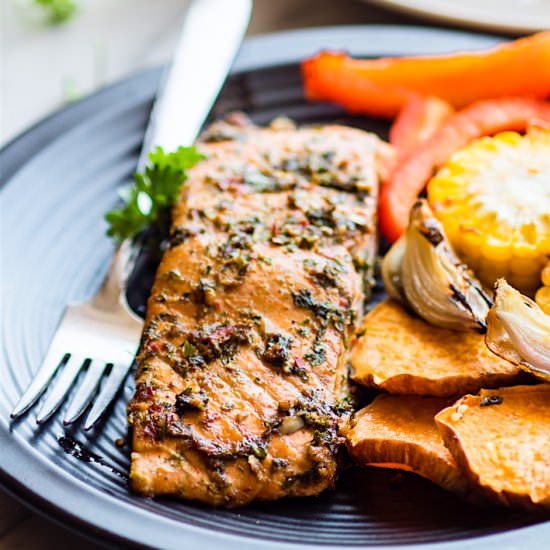 Sheet Pan Jerk Salmon with Veggies