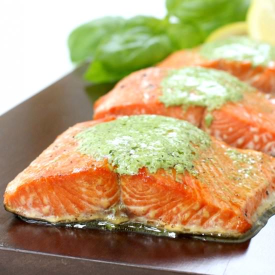 Cedar Plank Salmon with Basil Cream
