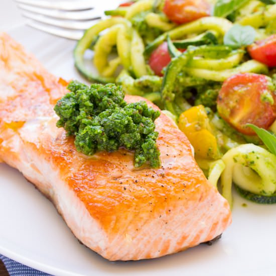 Kale Pesto Zoodles and Salmon