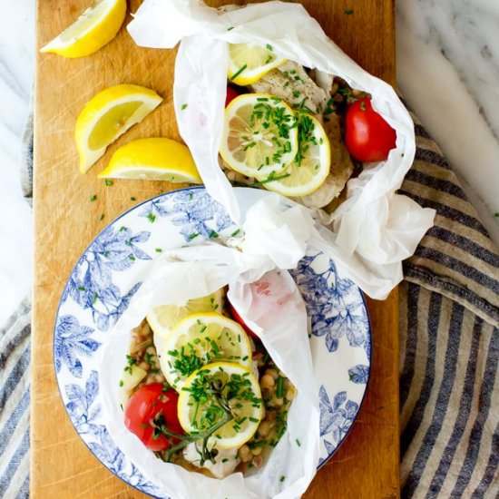 Cod with White Beans en Papillote