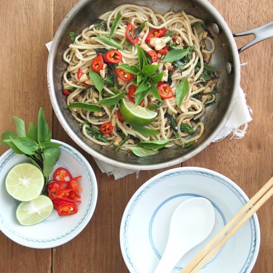 Homemade Noodles Thai Basil Chicken