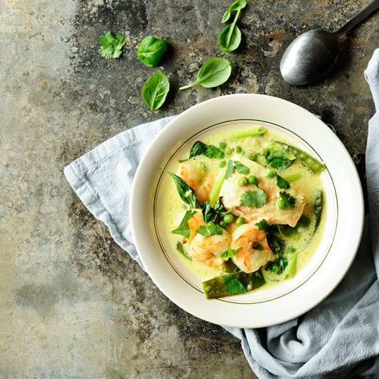Coconut Shrimp Soup with Salmon