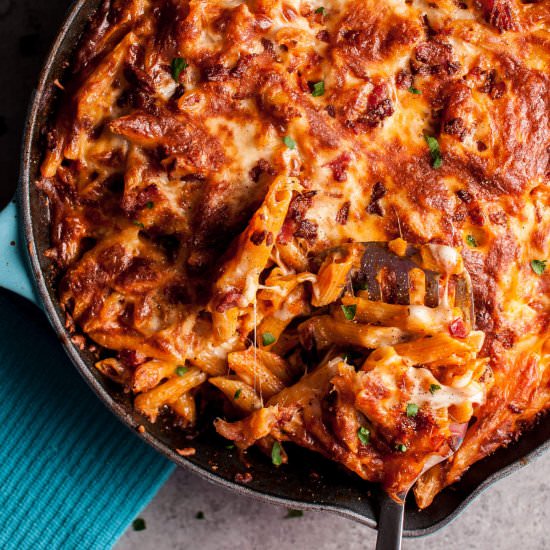 Skillet Baked Cheesy Bacon Penne