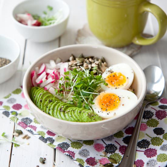 Savory oatmeal avocado and egg bowl
