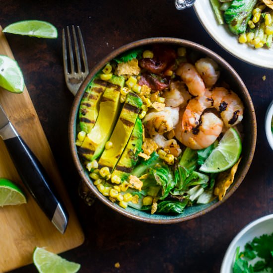 Grilled Avocado Shrimp Nacho Bowls