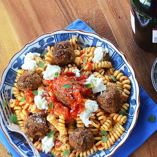 pasta with crispy eggplant balls