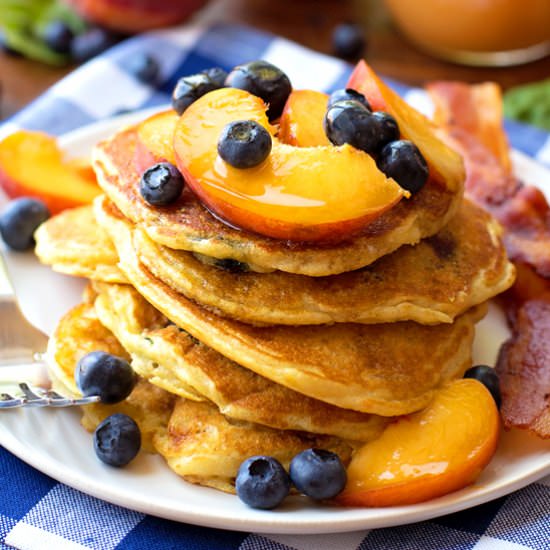 Blueberry Peach Cornmeal Pancakes