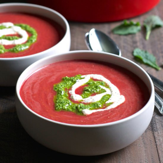 Chilled Tomato Beet Soup with Pesto