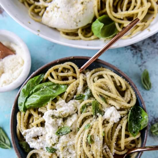 Pesto and Burrata Bucatini