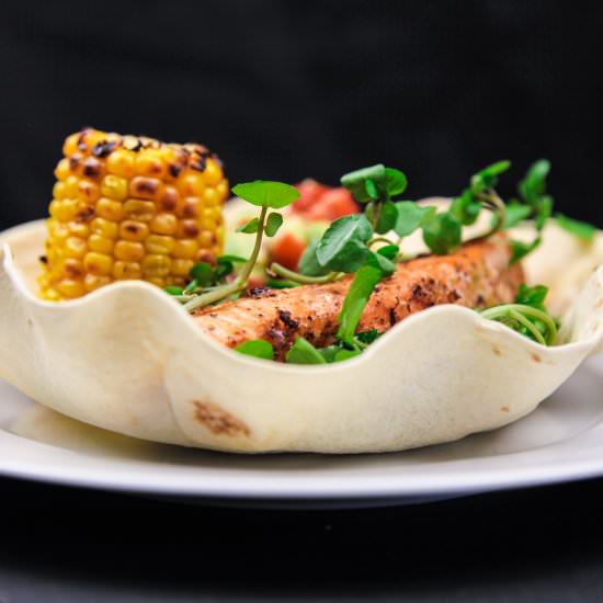 Tortilla Bowl with Grilled Salmon