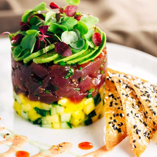 Tuna Tower with Sesame Wontons