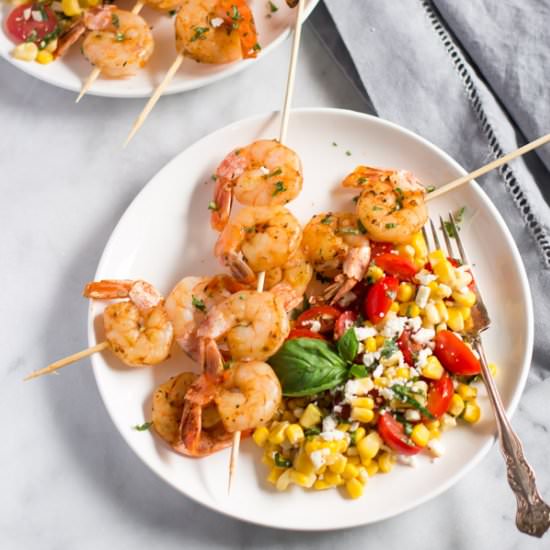 Cajun Shrimp Skewers & Corn Salad