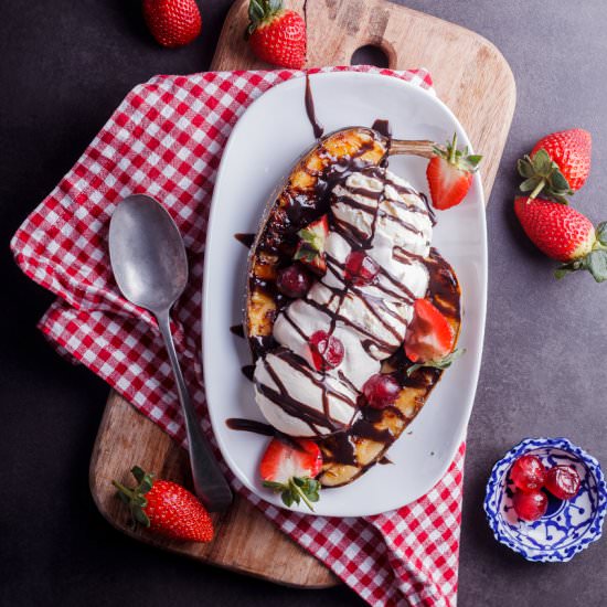 Grilled banana split sundaes