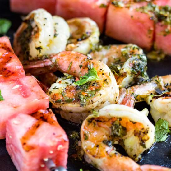 Watermelon & Grilled Shrimp Skewers