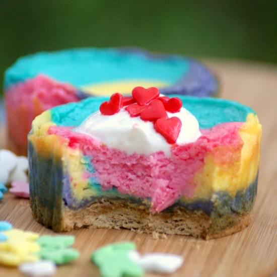 Rainbow Tie Dye Baked Cheesecakes