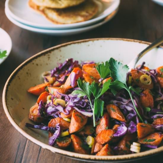 carrot salad with garbanzo pancakes