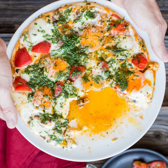Baked Eggs, Tomato and Smoked Bacon