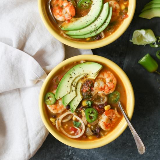 Spicy Jicama Tortilla Soup w/ Shrimp