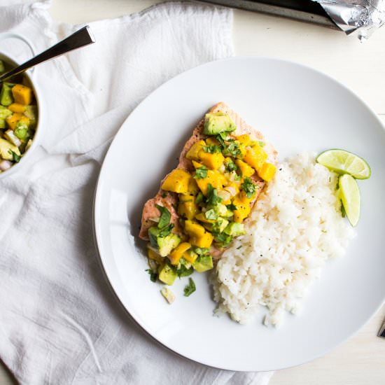 Baked Salmon + Mango-Avocado Salsa