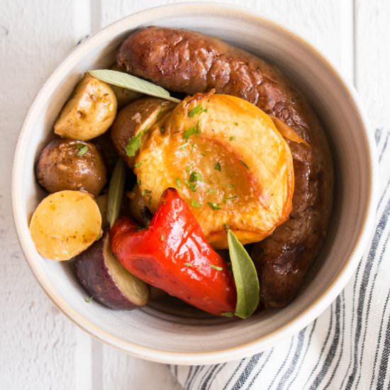 One Pan Sausages with Peaches