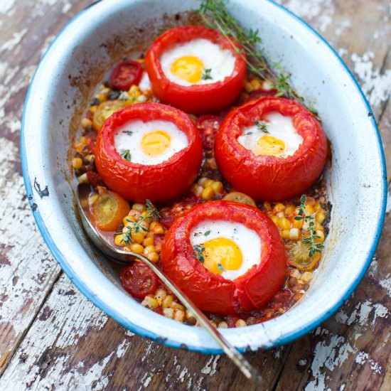 Eggs in Tomatoes, Corn & Lentils